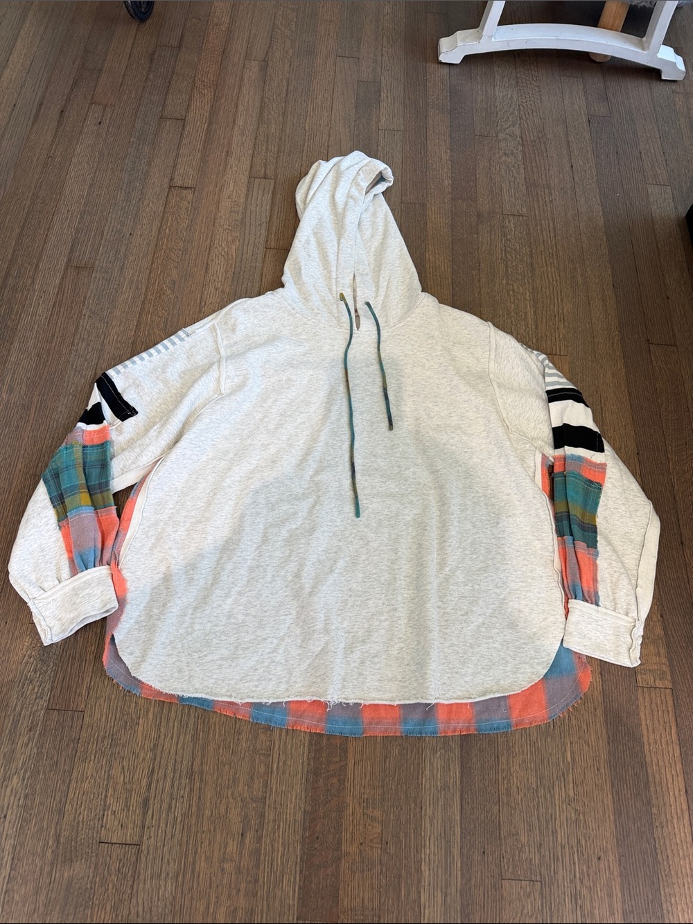 easel Cream Hoodie with Coral & Teal Plaid Accents